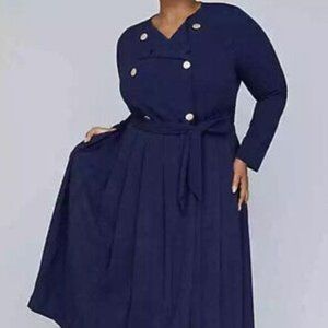 Navy Blue Pleated Trench Coat Dress